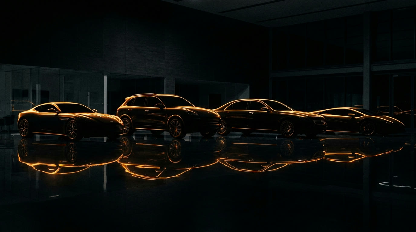 Premium-Fahrzeuge im dunklen Showroom mit orangem Streiflicht