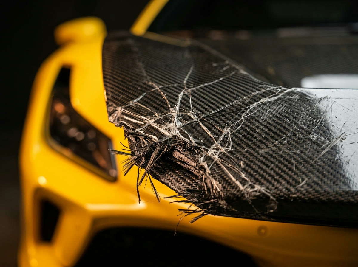 Beschädigte Carbon-Motorhaube in Nahaufnahme