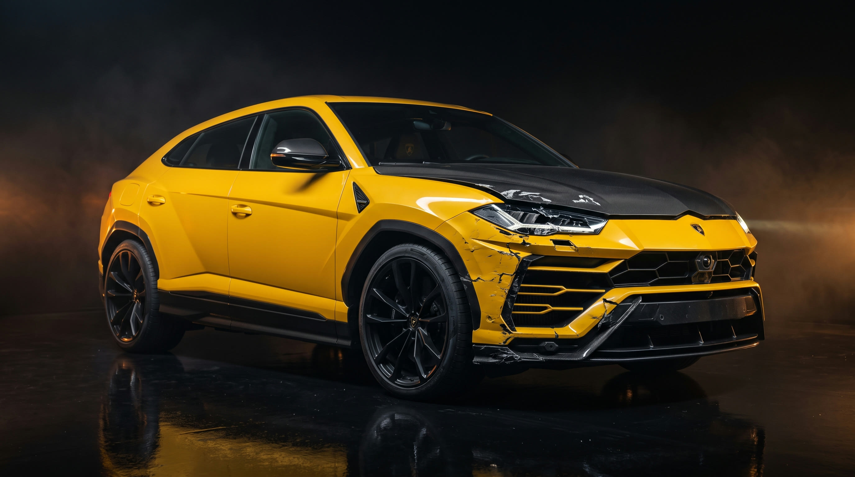 Gelber Super-SUV mit Frontschaden rechts im Studio