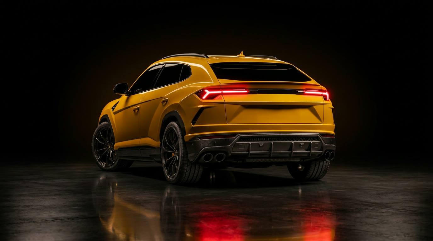 Heckansicht des gelben Super-SUV mit durchgehendem Leuchtband